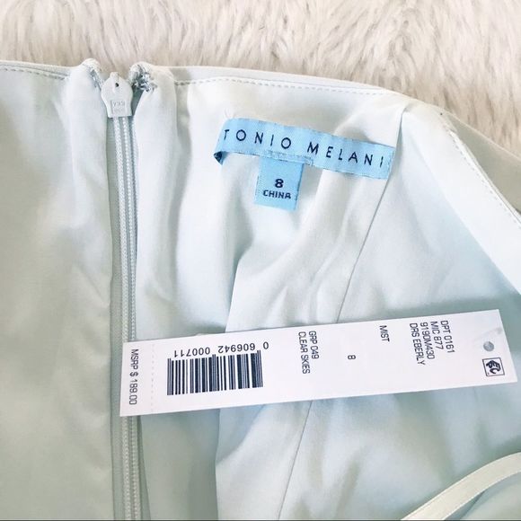 ANTONIO MELANI Draped Midi Dress Sleeveless Sheath Ruffle Mint Green Size 8 New - Picture 6 of 16